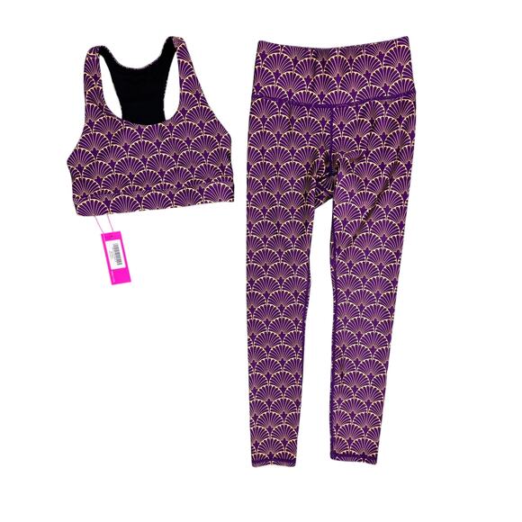 Terez Set Gold Leaf Metallic Purple Leggings Sports Bra Size Small New - Picture 1 of 8